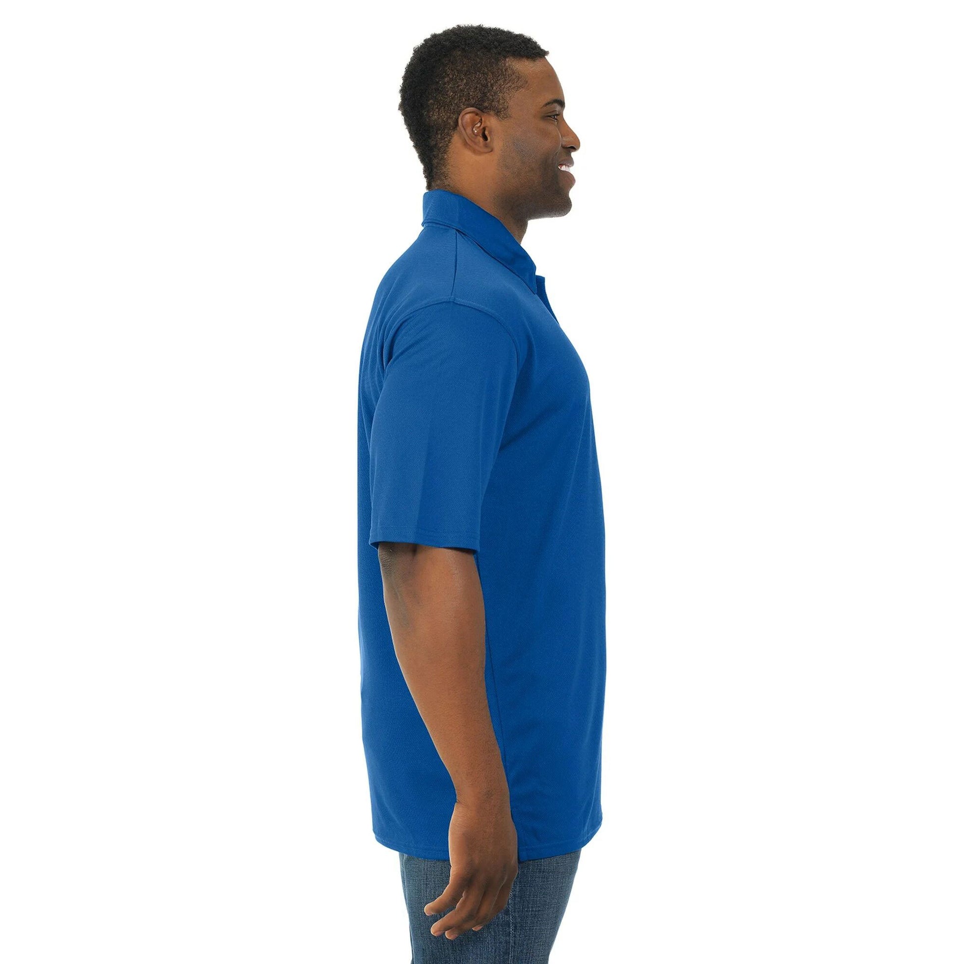 Royal blue mesh moisture-wicking polo shirt with ribbed cuffs and relaxed fit