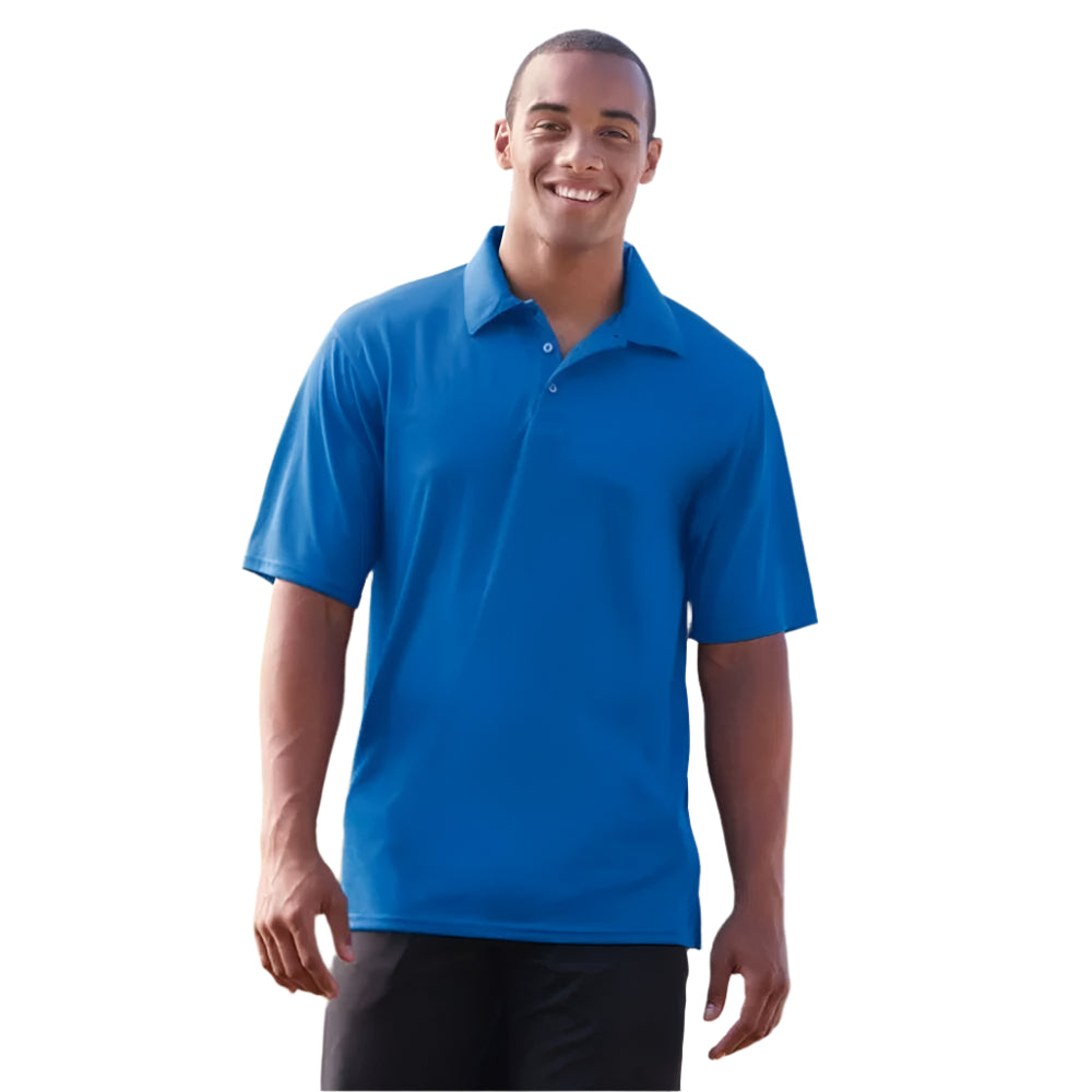 Royal blue mesh moisture-wicking polo shirt with ribbed cuffs and relaxed fit