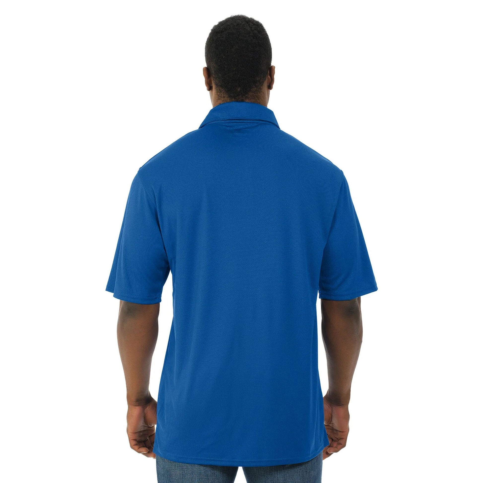 Royal blue mesh moisture-wicking polo shirt with ribbed cuffs and relaxed fit