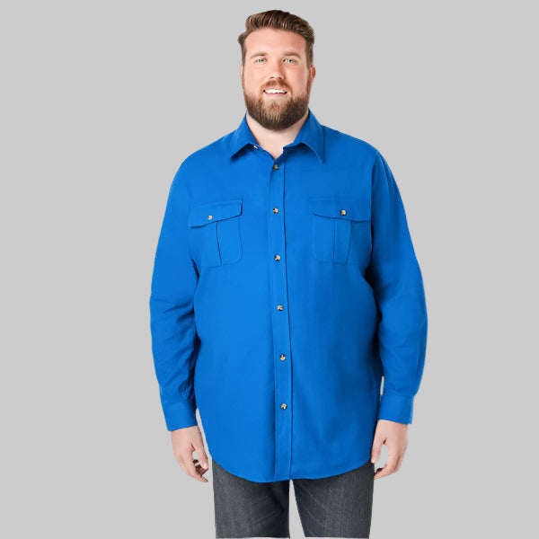 Royal blue solid flannel shirt with chest pockets in Big & Tall sizing, soft cotton
