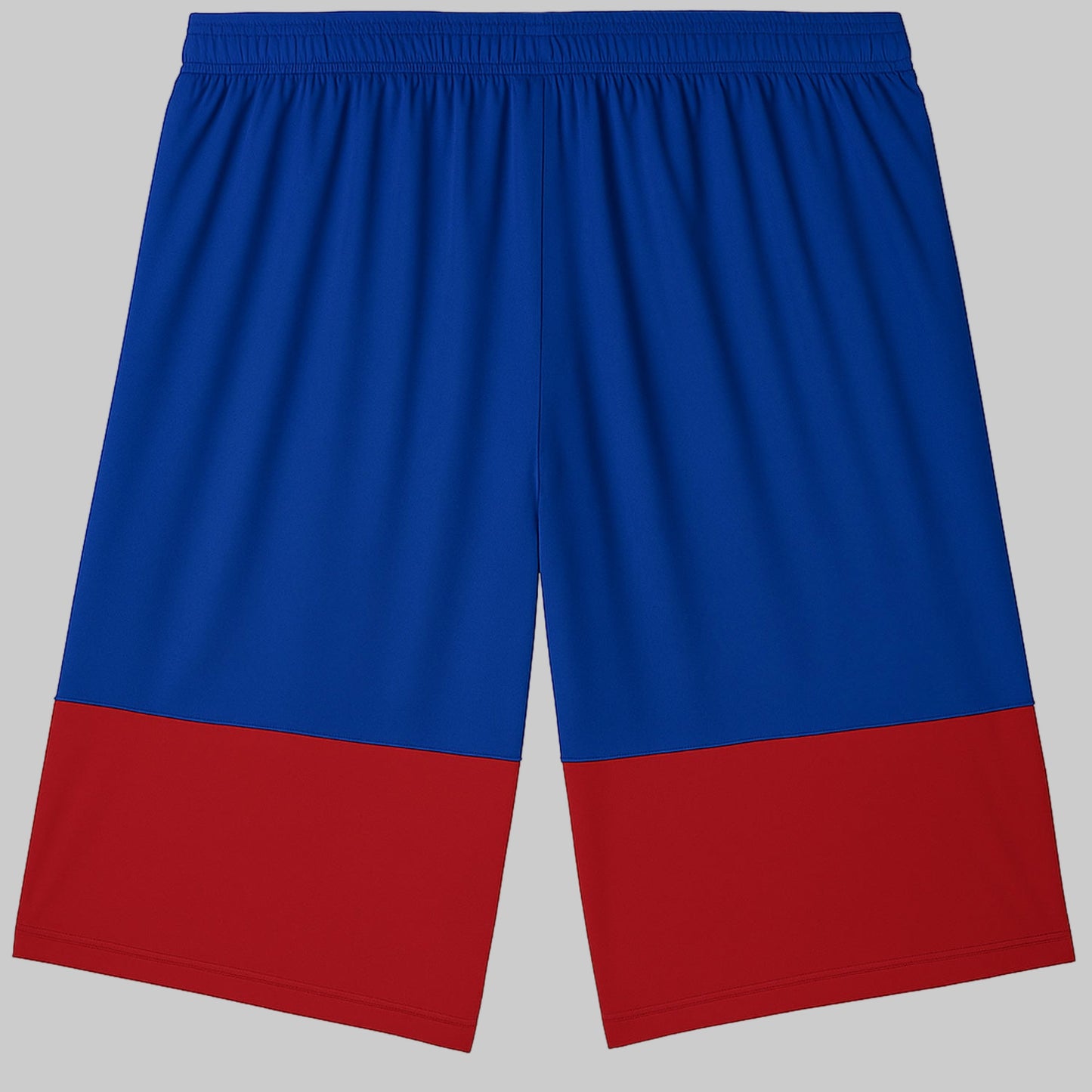Royal Blue and Red Colorblock Athletic Shorts – breathable sportswear with elastic waistband and “NY” logo, displayed on a white background.