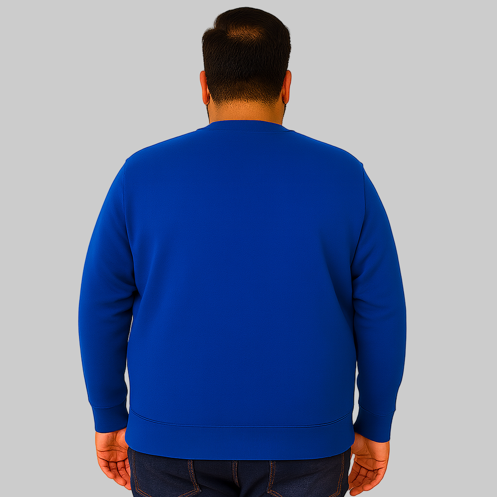 Royal Blue Fleece Crewneck Sweatshirt for men with ribbed cuffs and hem — soft cotton-blend casual pullover.