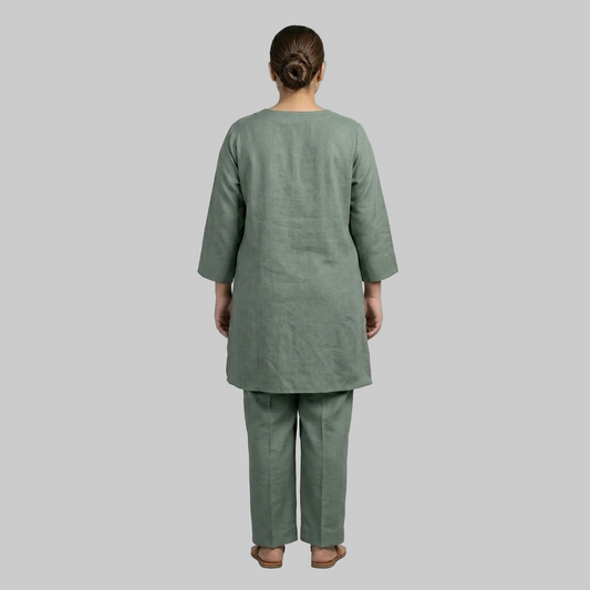 Sage Serenity Co-Ord Set Back View – Plus Size Sage Green Cotton Lawn Matching Set for Women Pakistan