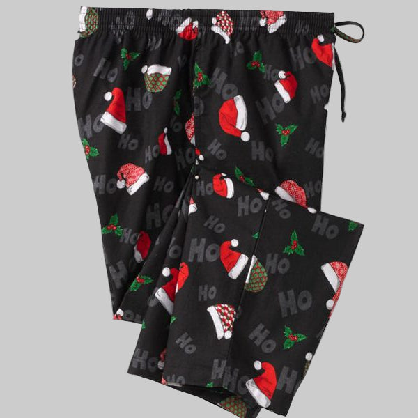 Plus size flannel pajama pants with Santa hat print, drawstring waist, button fly, and side pockets – holiday cotton sleepwear for men