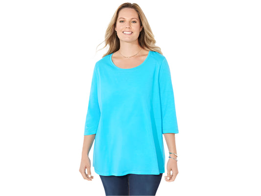 Scuba blue scoopneck t-shirt with slub-textured fabric and short sleeves, shown on a plus-size mannequin in a relaxed fit.