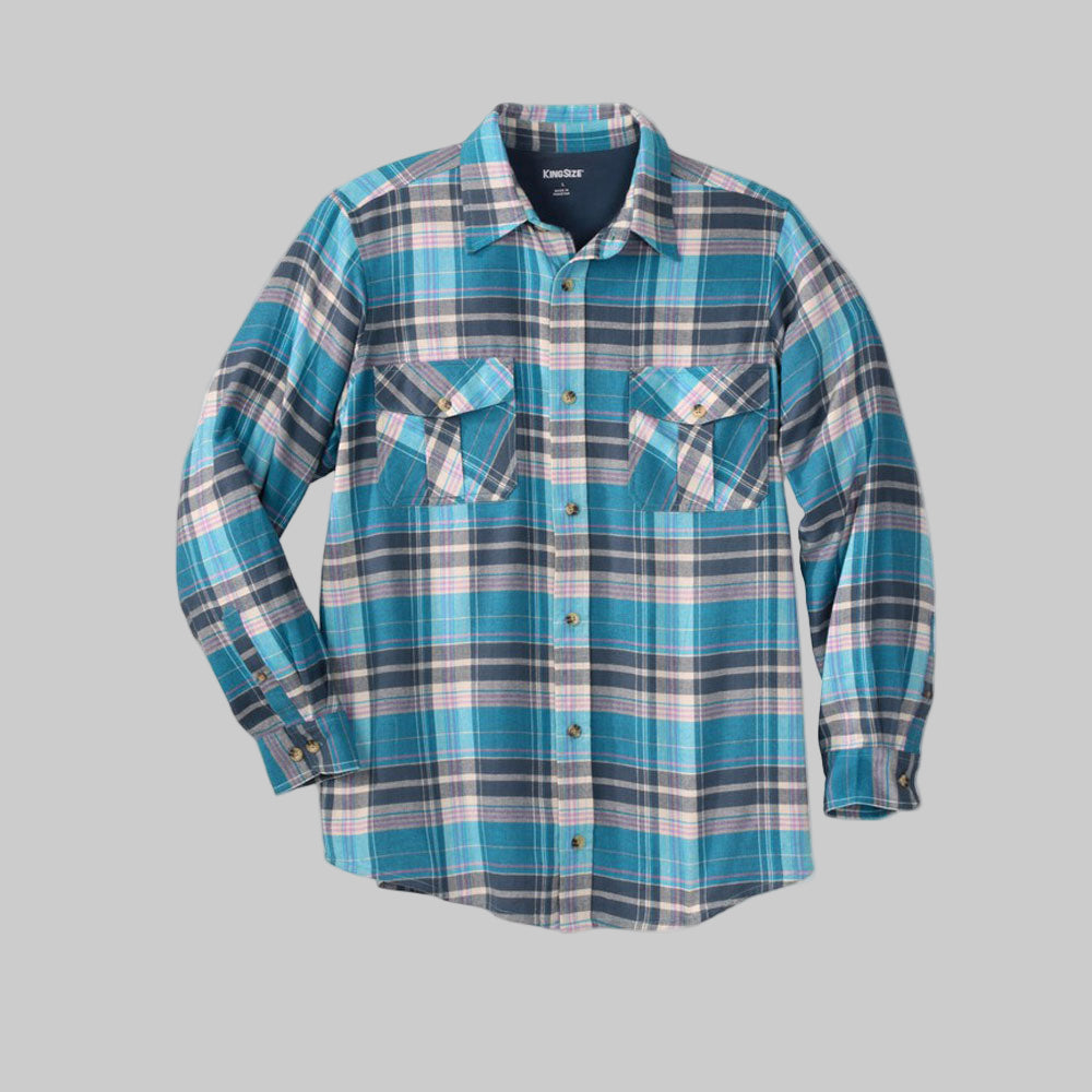 Plus size men’s Seafarer green plaid flannel shirt with long sleeves, button-flap chest pockets, and relaxed fit, made from soft double-brushed cotton.