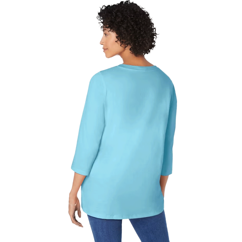 Seamist blue V-neck tunic with three-quarter sleeves, made from soft knit fabric, shown on a plus-size mannequin with a relaxed silhouette.