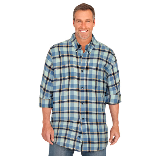 Flat-lay of Shadow Blue Plaid Holiday Shirt on neutral background