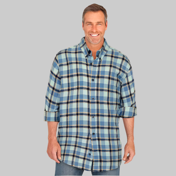 Flat-lay of Shadow Blue Plaid Holiday Shirt on neutral background