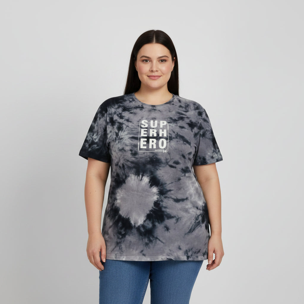 Tie-dye t-shirt with 'SUPERHERO' text on a white background