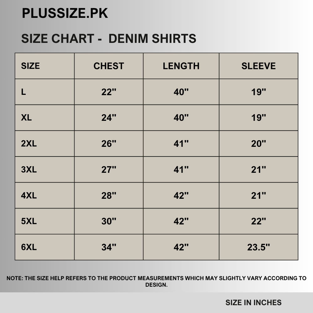 Size chart for Light Denim Longline Button-Down Shirt Tunic PSW-9625