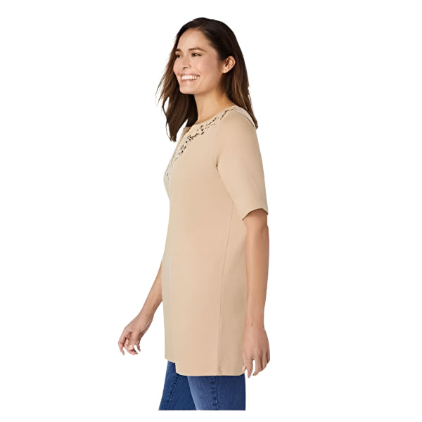 Skin Embroidered Layered-Look Tunic with Notch Neck and Elbow-Length Sleeves – PlusSize.pk