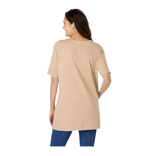 Skin Embroidered Layered-Look Tunic with Notch Neck and Elbow-Length Sleeves – PlusSize.pk