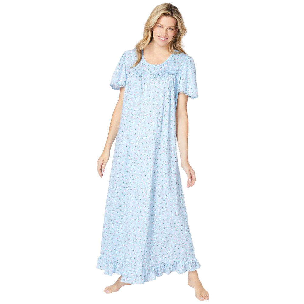 Women’s Sky Blue Ditsy long floral frill cotton gown with flutter sleeves, frilled hem, pintucks, and flower-shaped buttons, made from soft breathable cotton.