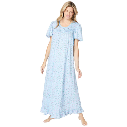 Women’s Sky Blue Ditsy long floral frill cotton gown with flutter sleeves, frilled hem, pintucks, and flower-shaped buttons, made from soft breathable cotton.