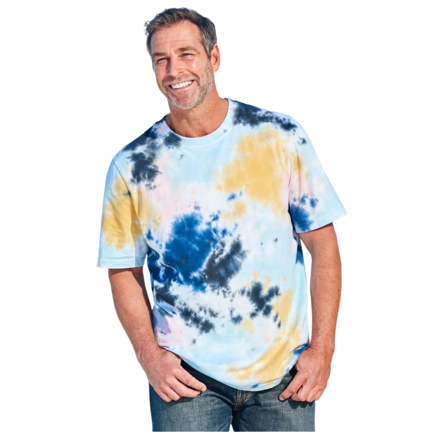Sky blue tie-dye lightweight crewneck t-shirt for big and tall men – relaxed fit 100% cotton.