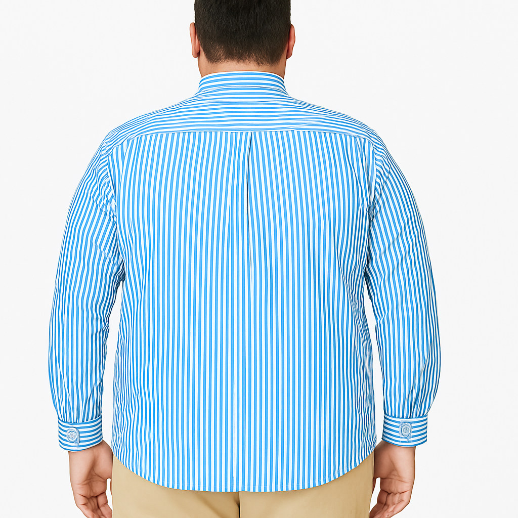 Sky Blue Vertical Stripe Plus Size Cotton Shirt PSM-9871