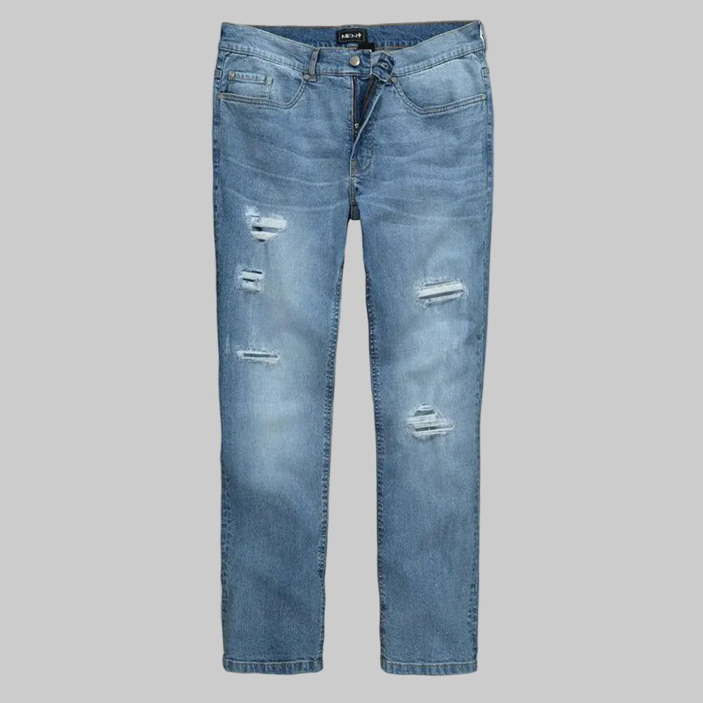 SkyRift Light Wash Distressed Denim Pants in a light blue wash, featuring a straight fit with subtle ripped detailing on the thighs and knees, classic five-pocket style, zip fly with button closure, and a casual everyday denim look