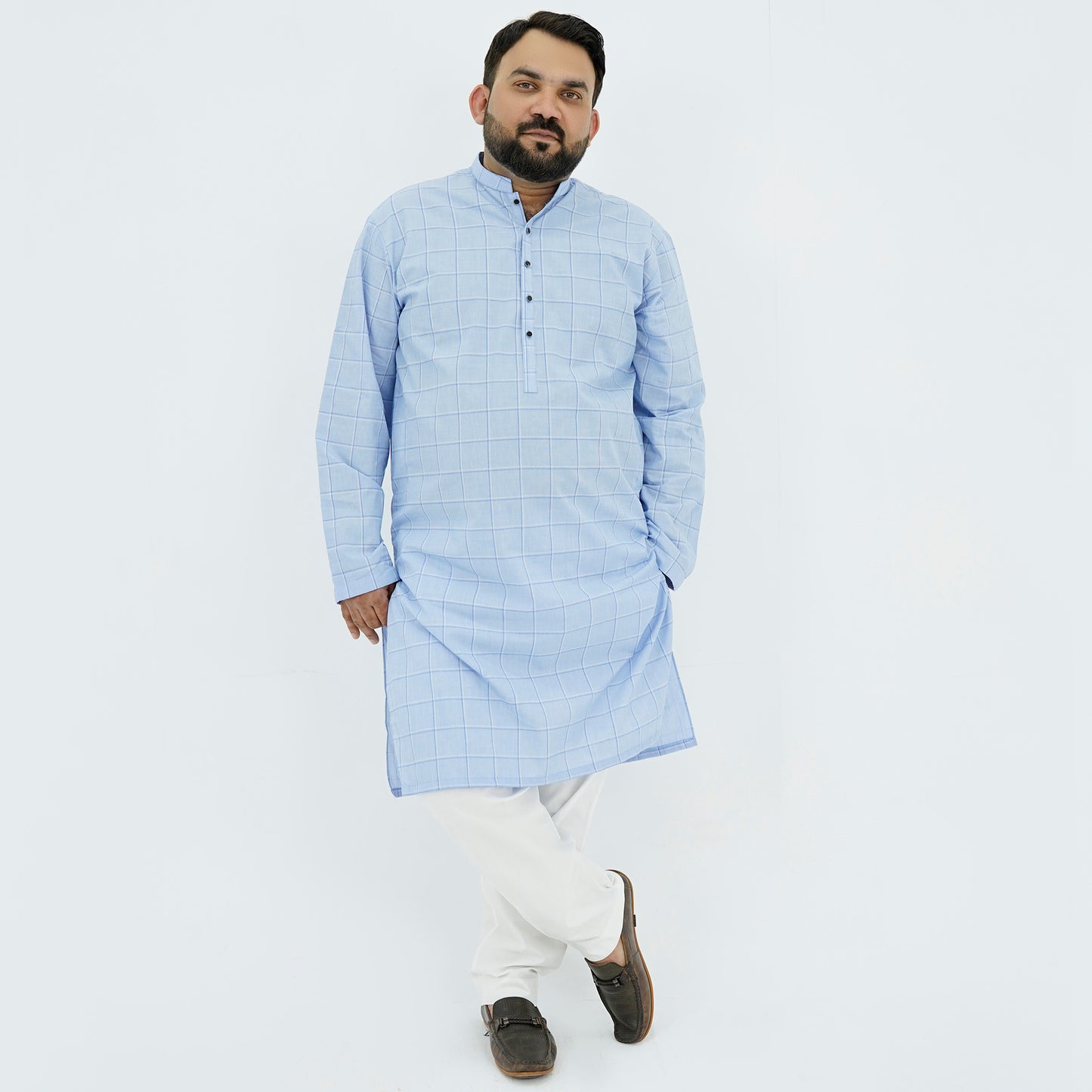 Sky Blue Checkered Plus Size Kurta Pajama PSM-9055