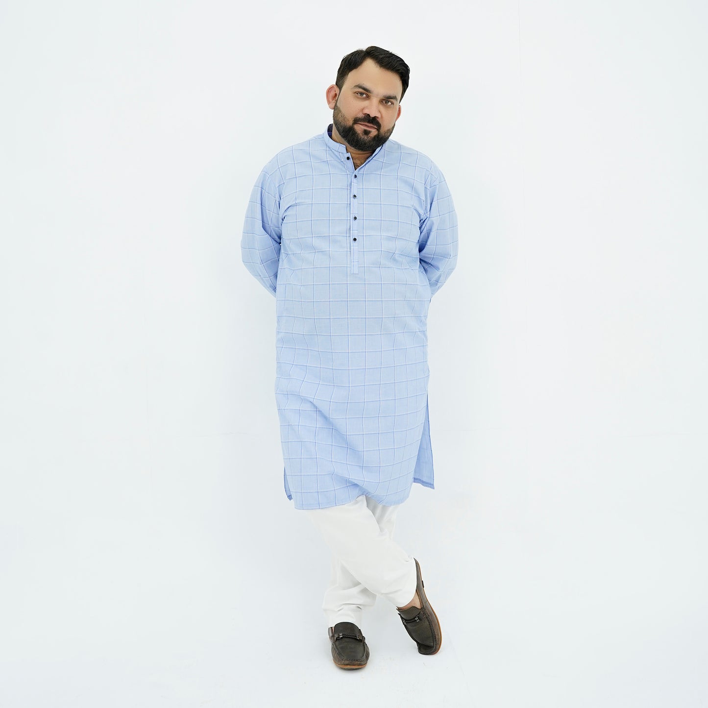 Sky Blue Checkered Plus Size Kurta Pajama PSM-9055