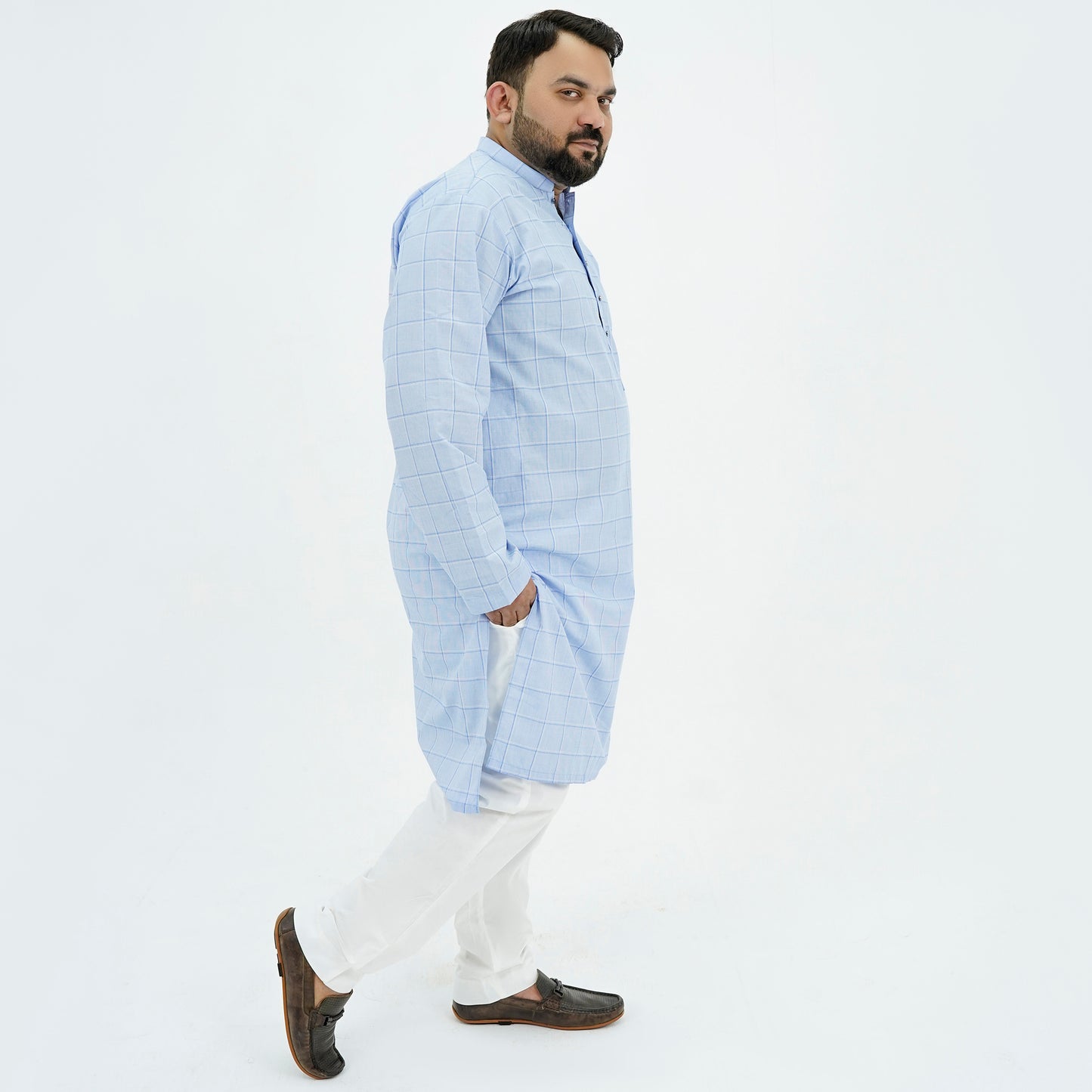 Sky Blue Checkered Plus Size Kurta Pajama PSM-9055