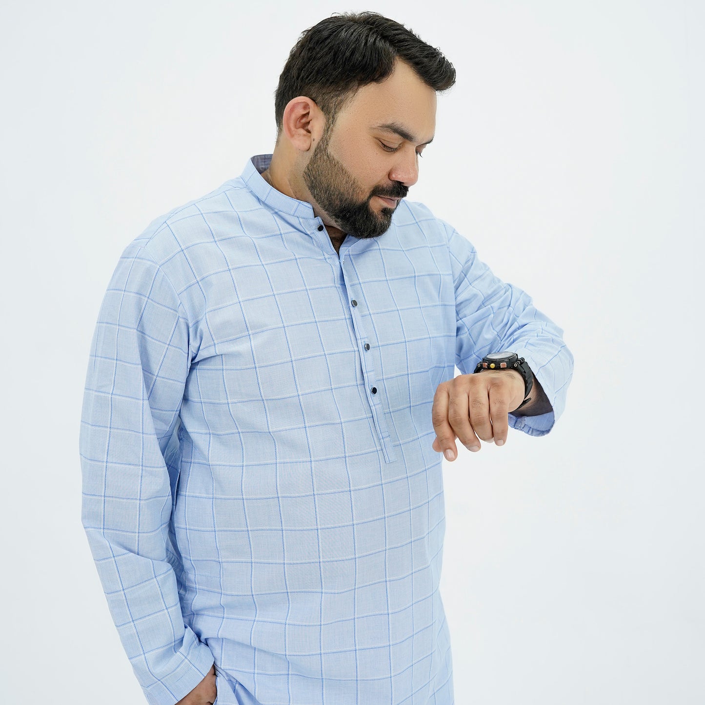 Sky Blue Checkered Plus Size Kurta Pajama PSM-9055