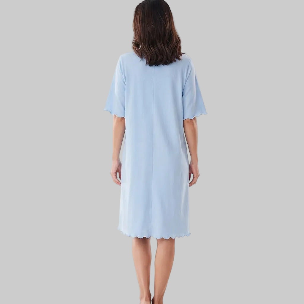 Women's Sky Blue Dream Satin Trim B Grade Sleepshirt made from soft jersey fabric with satin trim, relaxed fit, and comfortable long-length design, front view.