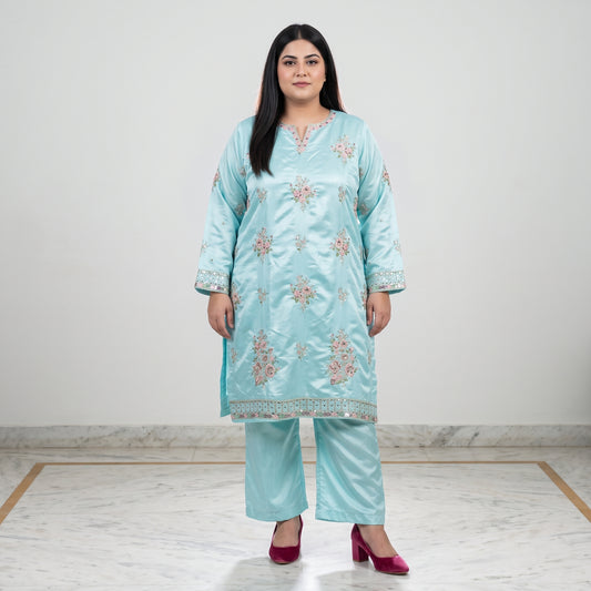 Sky Blue Embroidered Katan Silk 3-Piece Suit for Women