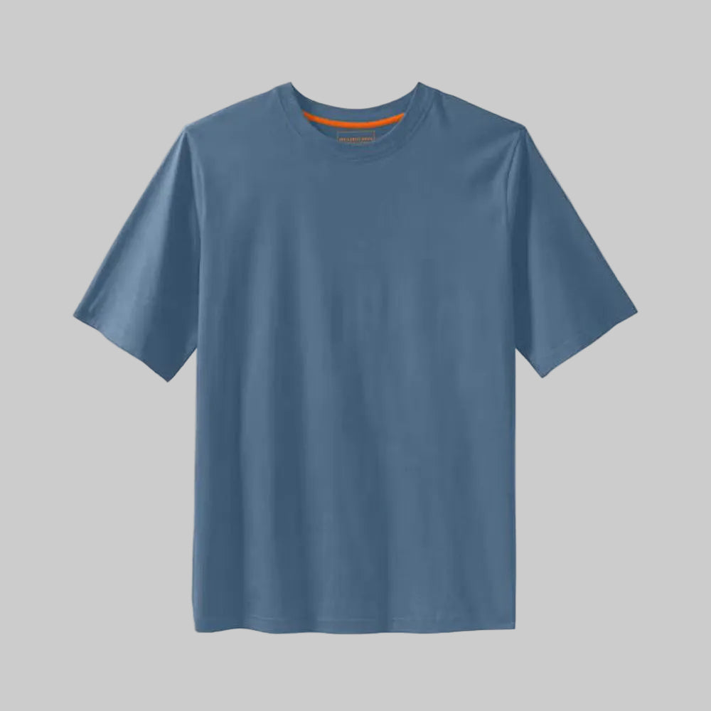 Slate blue big and tall crewneck T-shirt with relaxed fit, shrink-less cotton fabric, and taped neck seams.