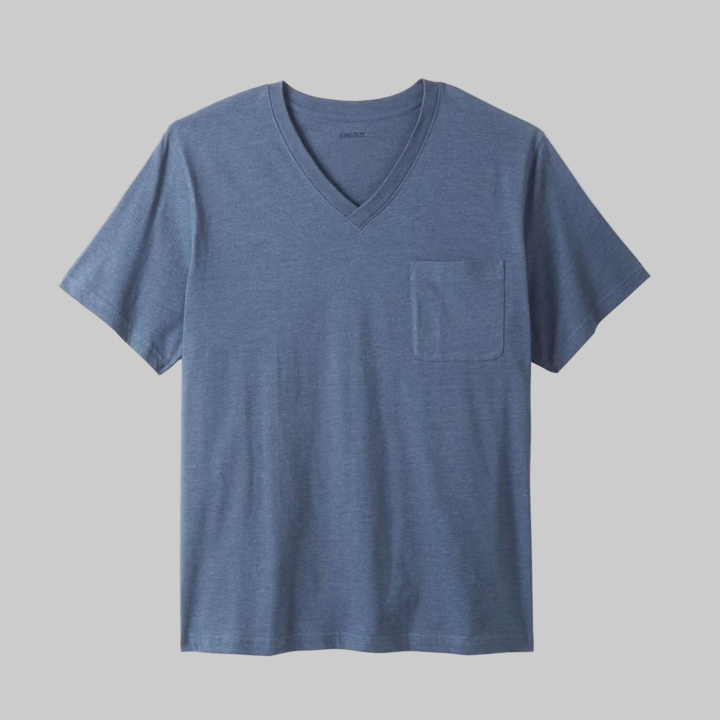 Slate blue big and tall pocket V-neck t-shirt with relaxed fit, soft breathable fabric, short sleeves, and extra length for comfortable everyday wear