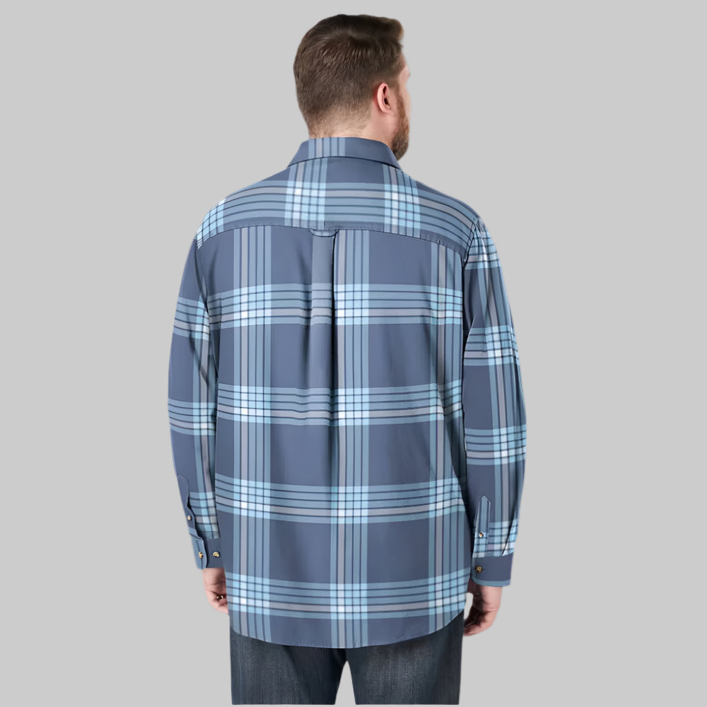Slate blue plaid flannel shirt with button chest pockets and soft cotton fabric in Big & Tall sizing