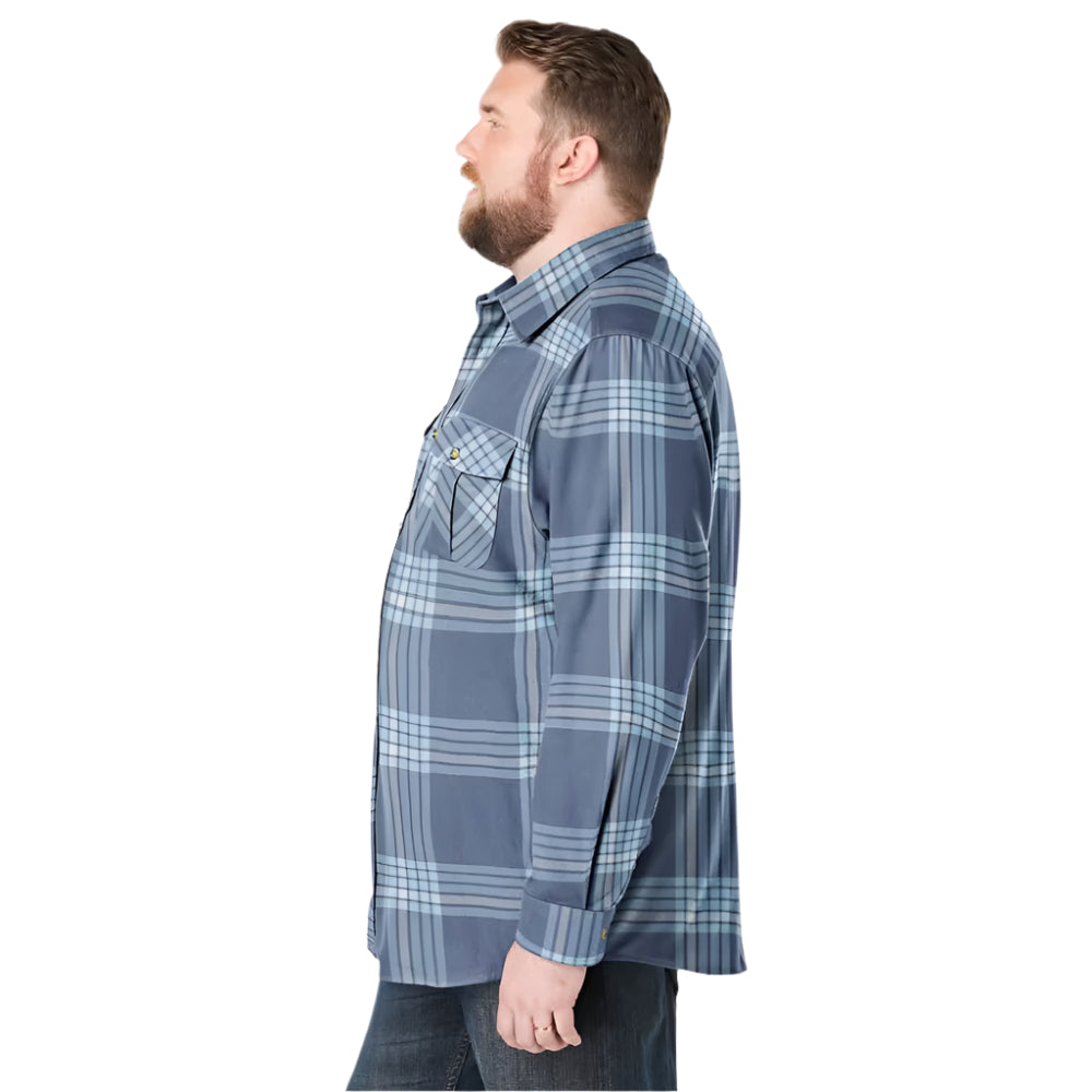 Slate blue plaid flannel shirt with button chest pockets and soft cotton fabric in Big & Tall sizing