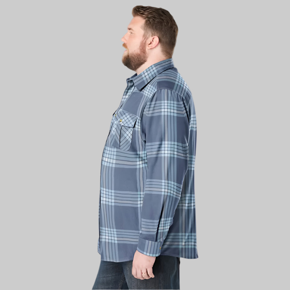 Slate blue plaid flannel shirt with button chest pockets and soft cotton fabric in Big & Tall sizing