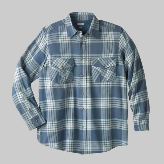 Slate blue plaid flannel shirt with button chest pockets and soft cotton fabric in Big & Tall sizing