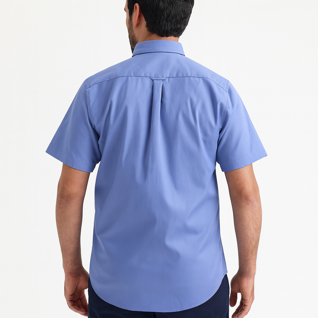 plus-size male model wearing cornflower blue Oxford short sleeve shirt, showing tailored fit and straight hem.