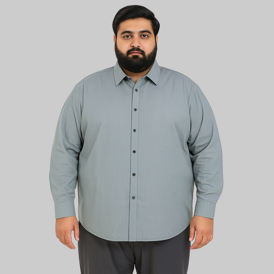 Plus-size Pakistani man wearing slate grey textured formal shirt
