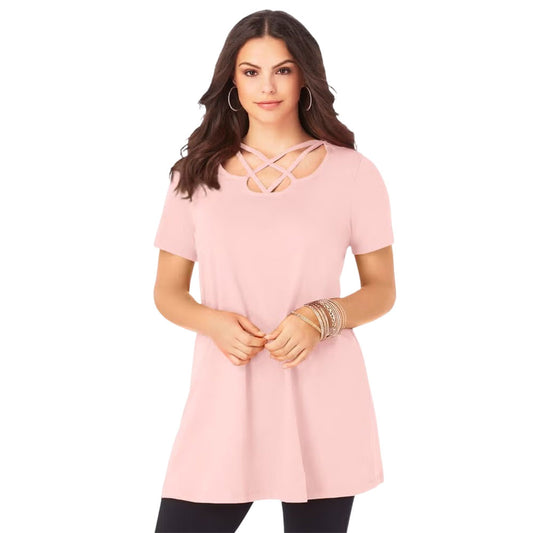 Plus-size short sleeve tunic with a criss-cross lattice neckline, relaxed fit, and 34” length. Made from soft, breathable cotton for all-day comfort.