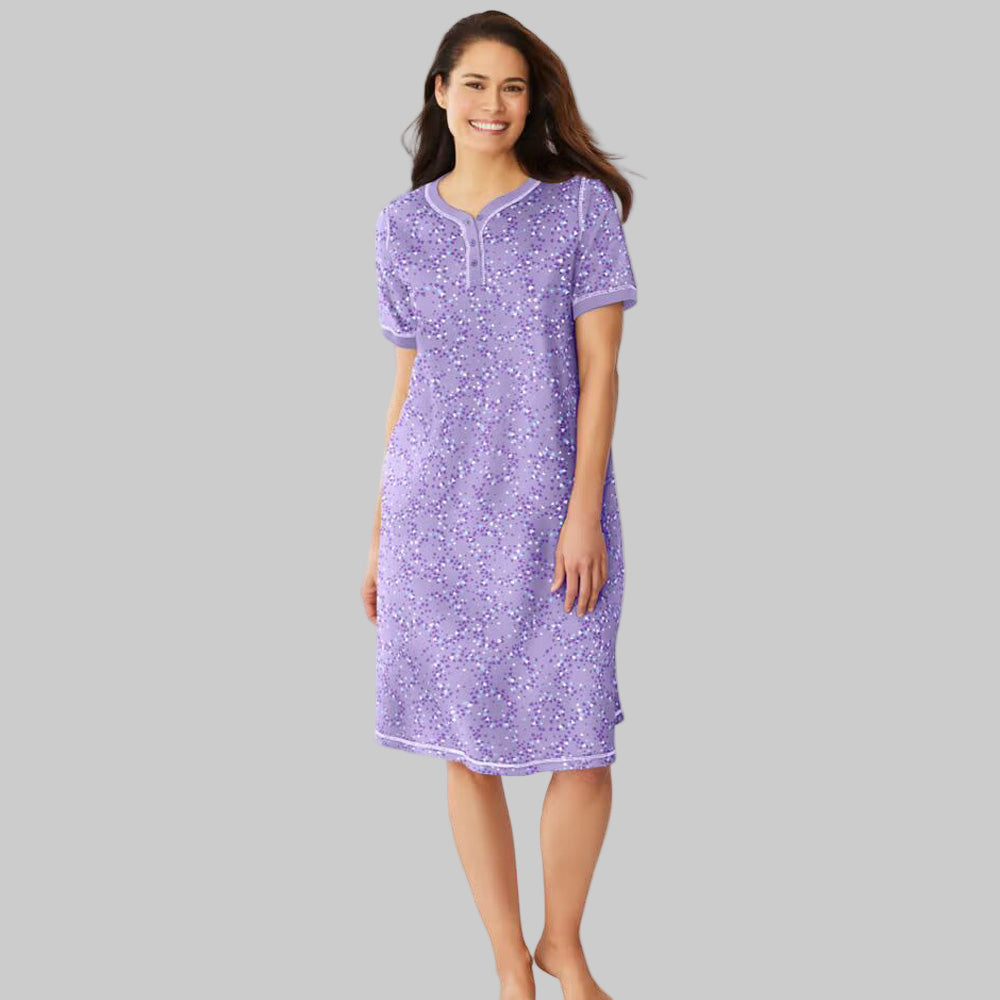 Soft Iris Hearts Plus Size Short Henley Sleepshirt with Y-neck and short sleeves.