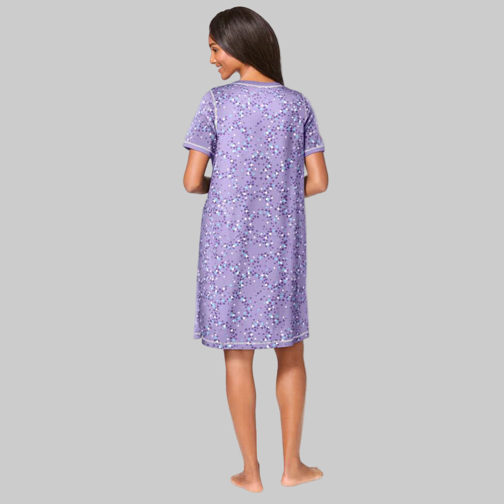 Soft Iris Hearts Plus Size Short Henley Sleepshirt with Y-neck and short sleeves.