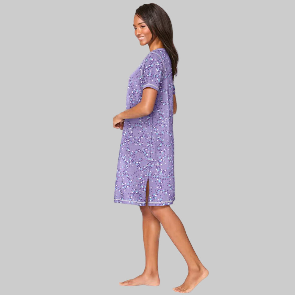 Soft Iris Hearts Plus Size Short Henley Sleepshirt with Y-neck and short sleeves.