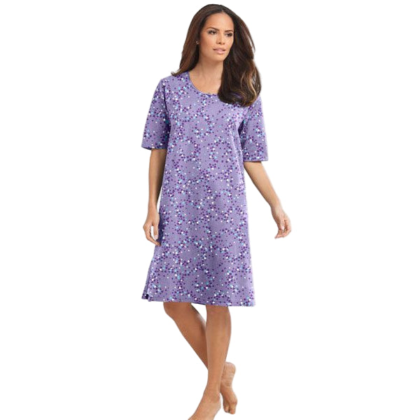 Soft Iris Hearts Plus Size Short Sleeve Sleepshirt with satin trim and rosette neckline.
