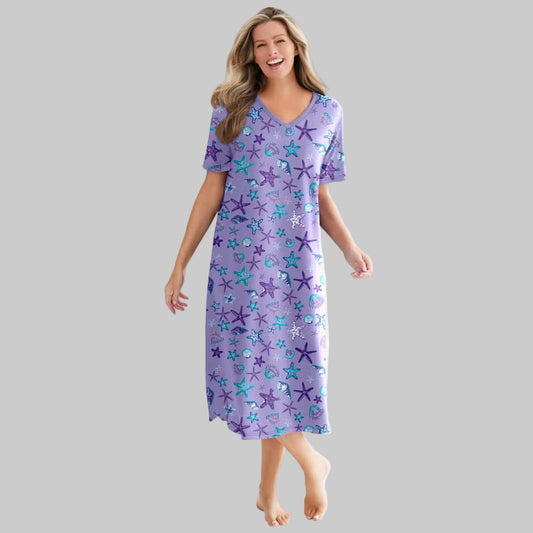 Soft Iris V-Neck Plus Size Long Sleepshirt with whimsical print and A-line design.