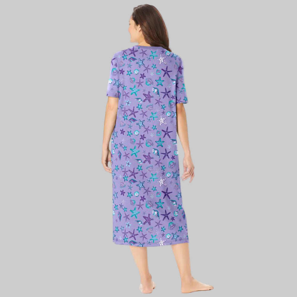 Soft Iris V-Neck Plus Size Long Sleepshirt with whimsical print and A-line design.