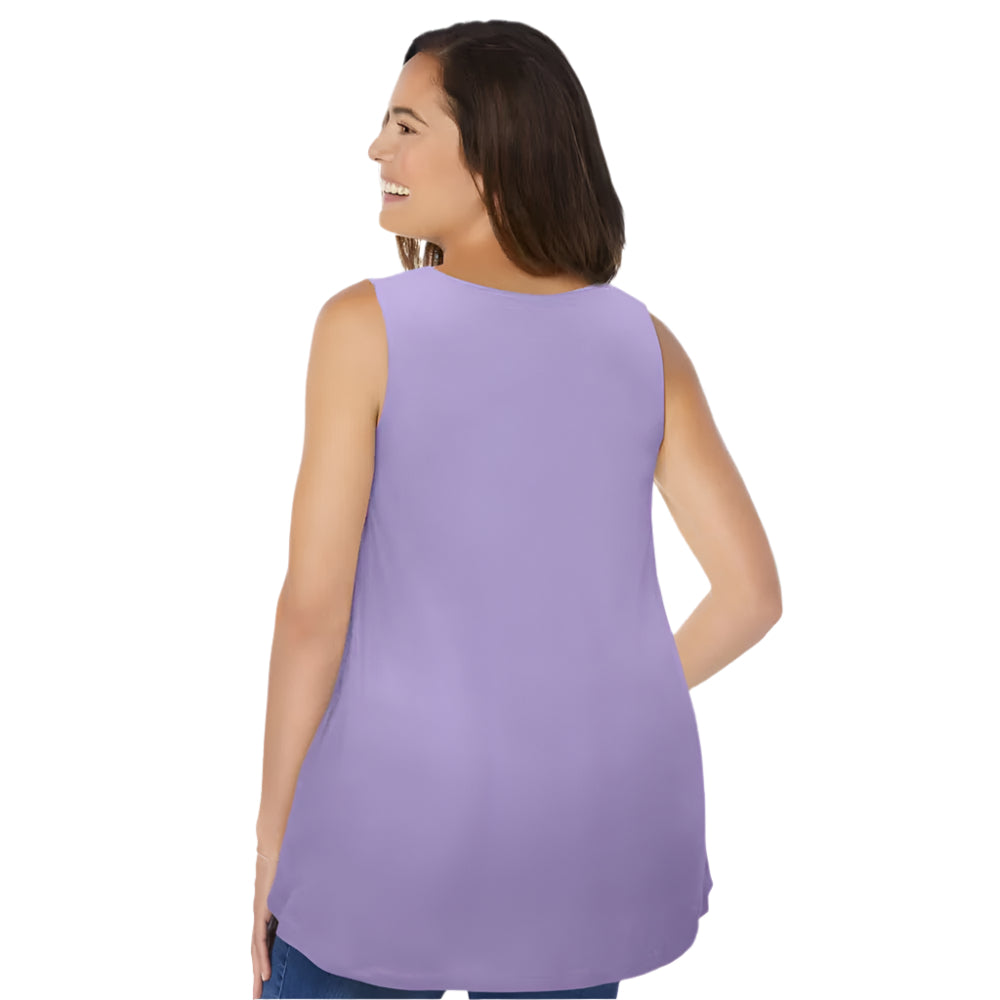 Woman wearing Soft Iris purple swing tunic with square neck, front pleats, and side pockets
