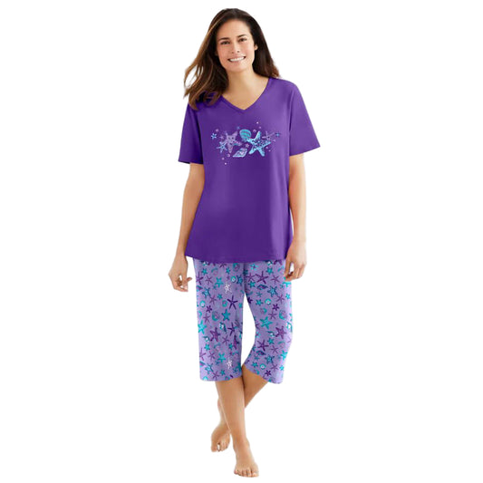 Women’s Soft Iris two piece pajama set with V-neck tunic top and matching capri bottoms, made from soft breathable cotton.