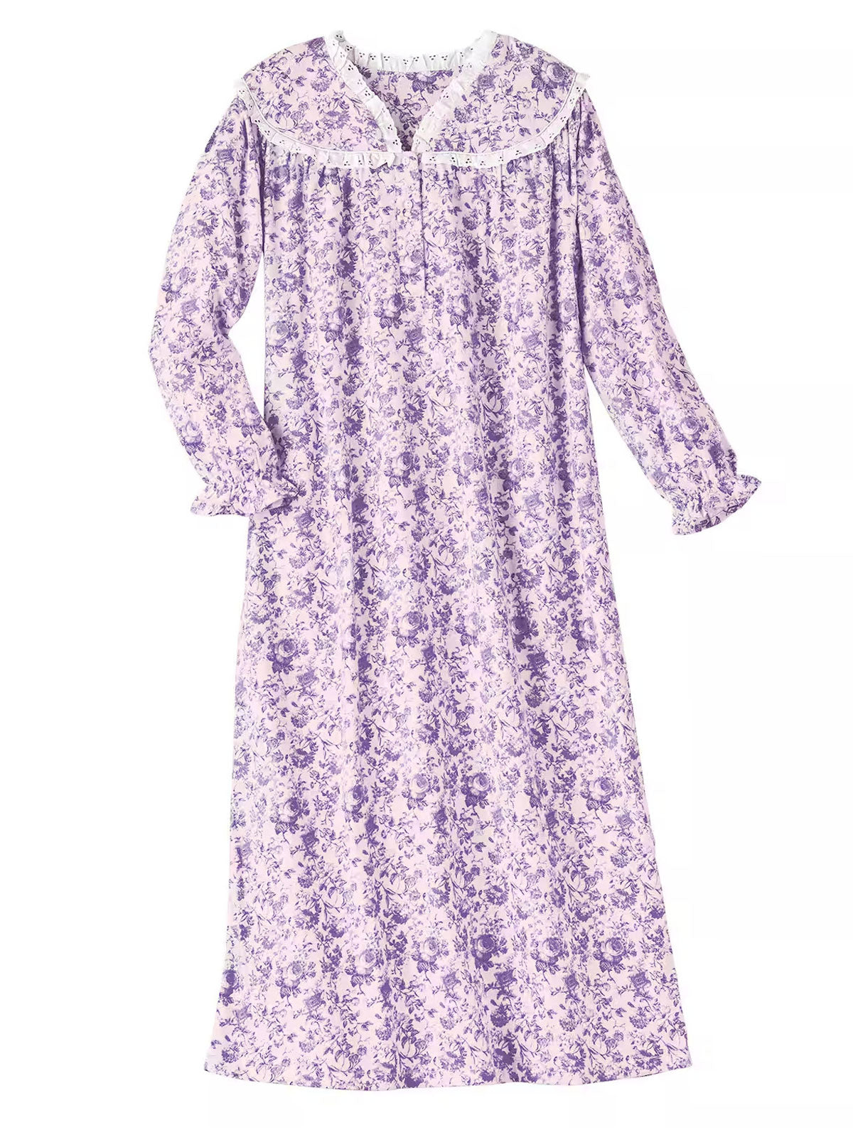 Plus size long lilac flannel nightgown with lace trim – 52-inch cotton sleepwear for women