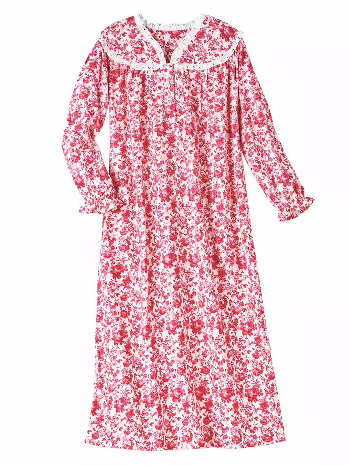 Plus size long soft pink flannel nightgown with lace trim – 52-inch cotton sleepwear for women