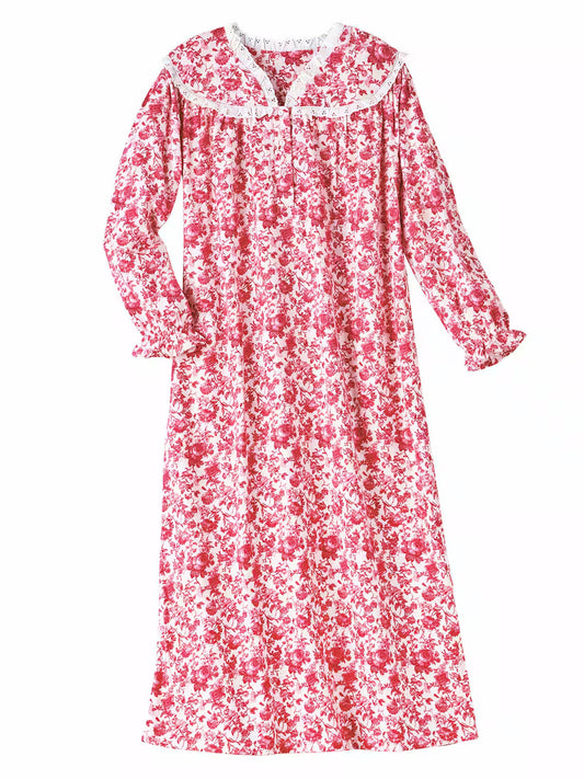 Plus size long soft pink flannel nightgown with lace trim – 52-inch cotton sleepwear for women