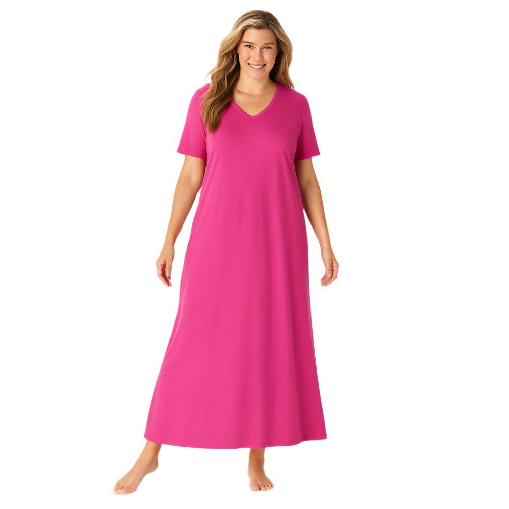 Plus-size woman wearing a soft raspberry long T-shirt lounger with V-neck and short sleeves