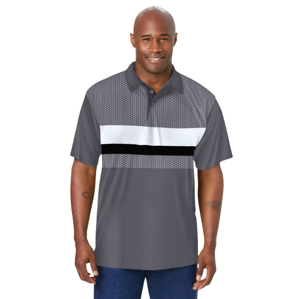 Steel grey moisture-wicking colorblock polo shirt with collar and ribbed cuffs